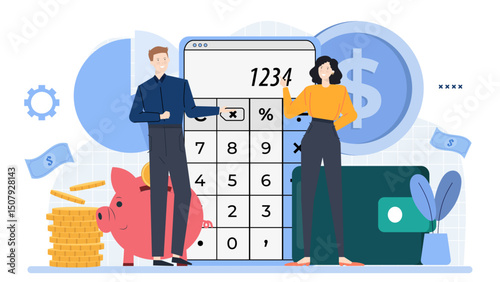 Woman and a man calculate finances together, using a calculator. Perfect for financial planning, budgeting, accounting, teamwork concepts.