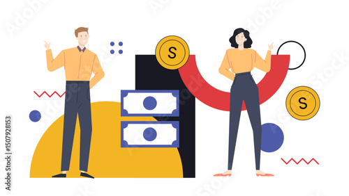 Two people pointing towards money, a concept of financial teamwork, success, and wealth. Suitable for financial presentations, business websites, banners.