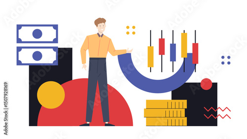 Man demonstrating financial success with a chart and stack of money, suitable for business, finance, investment, and success concepts.