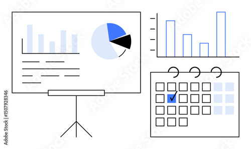 Projector screen displays bar graph and pie chart. Adjacent segmented calendar highlights a key date. Ideal for data visualization, planning, analytics, business strategy, time management, reporting