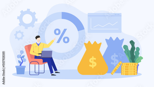 Man pointing at a percentage sign, suitable for financial, marketing, and business concepts, including promotions, discounts, and profit growth.