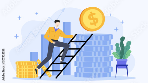 Man climbing a ladder to reach a stack of coins, symbolizing financial growth, success, goal achievement. Business, finance, success concepts.