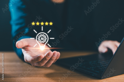 Hand holds a glowing AI lightbulb with five stars, Concept of AI (Artificial Intelligence) solution, Emphasizing the impact of AI on customer experience, product development, overall business success