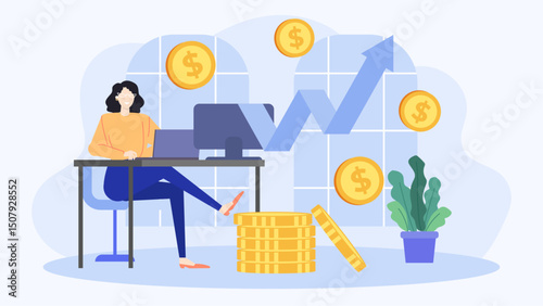 Woman working at a desk with technology, coins, and a plant. Ideal for finance, remote work, home office, business concepts.