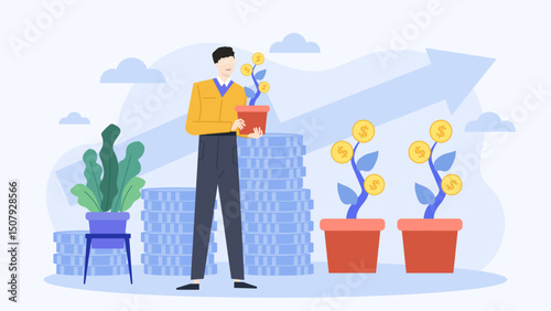 Man beside money trees growing from coins, symbolizing financial growth and prosperity. Suitable for finance, investment, moneymaking concepts.