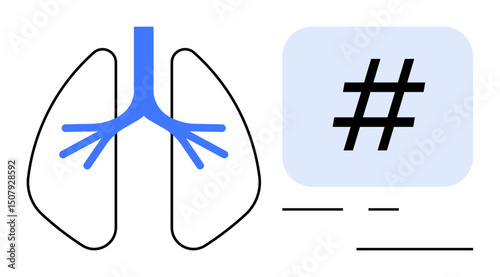 Lung outline with blue bronchial branches next to a metadata tag in a rectangular box. Ideal for healthcare, medicine, awareness, health education, lung disease, social campaigns, simple landing page