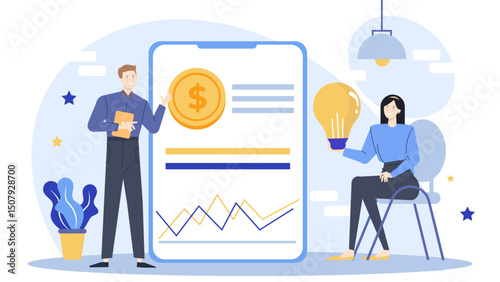 Two people discussing idea and chart on phone. Suitable for business presentations, articles about collaboration, and technology communication concepts.