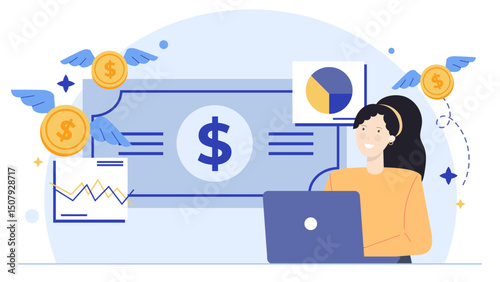 Energetic woman using laptop with flying coins, representing success in financial technology. Suitable for tech, finance, and entrepreneur concepts.