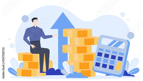 Financial success concept with a man on gold coins and a calculator. Ideal for finance, investment, wealth, savings, and business.