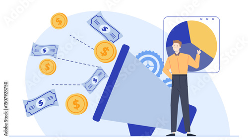 Man using handheld megaphone to project money into a pie chart for financial marketing concepts. Suitable for business and marketing materials.