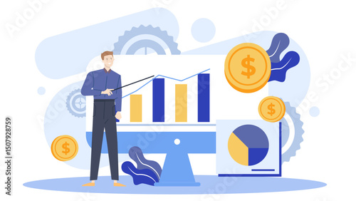 Man points at a graph showing financial growth. Suitable for corporate presentations, financial reports, business articles, marketing materials, educational content centered on financial analysis.