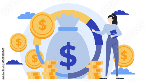 Businesswoman near money bag, coins. Suitable for finance, business, wealth concepts. Office, website, presentations, finance blogs, social media.