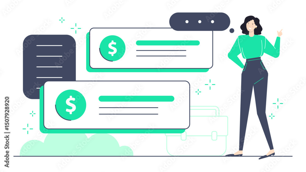 Woman pointing to a dollar sign and a briefcase, suitable for financial and business concepts. Money, business, success, pointing, symbol. Woman pointing to a dollar sign and a briefcase, suitable for financial and business concepts. Money, business, success, pointing, symbol.