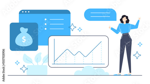Woman pointing at a graph with a money bag. Suitable for financial presentations, business reports, investment concepts. Data analysis, finance.