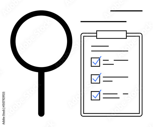 Magnifying glass beside a clipboard with completed checkmarks on a checklist represents scrutiny, quality assurance, or task management. Ideal for analysis, productivity, organizing, planning