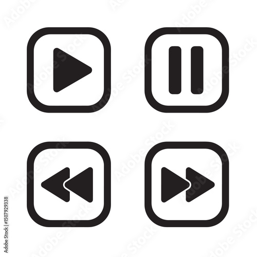 Set of black and white media player control icons for web and app design