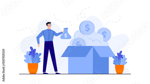Man placing money bag into box of coins, representing saving, investment, financial concept. Suitable for finance, investment, savings concepts.