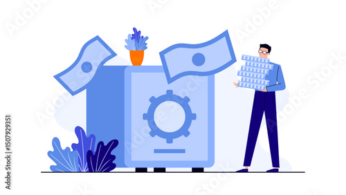 Man holding money stacks next to a blue safe. Suitable for finance, wealth, savings, investment concepts