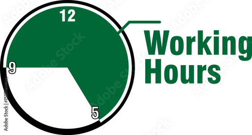 Clock icon showing working hours from 9 to 5, with green and white color scheme and bold text. Simple flat design for business, office, or schedule-related themes