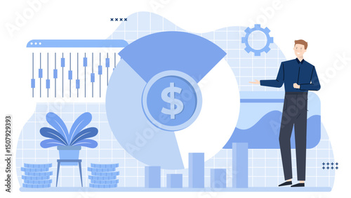 Businessman explaining financial data with pie chart and dollar sign suitable for financial presentations, budget reports, marketing analysis, business articles.