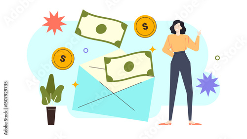 Woman pointing at a blue envelope with dollar bills, suitable for financial marketing and moneysaving concepts for websites or brochures.
