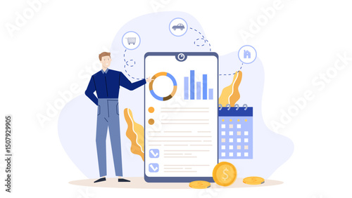 Man pointing to a phone with a chart and a calendar; perfect for business presentations, technology blogs, financial reports, and marketing materials.