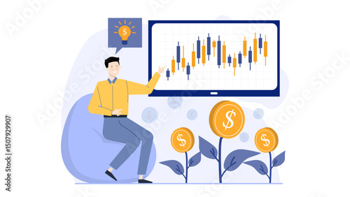Man on blue beanbag chair points at financial chart. Suitable for financerelated blogs, articles, presentations, and social media posts.