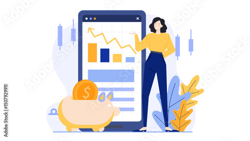 Conceptual image of woman and piggy bank next to phone, symbolizing financial planning and savings. Suitable for financial services or banking.