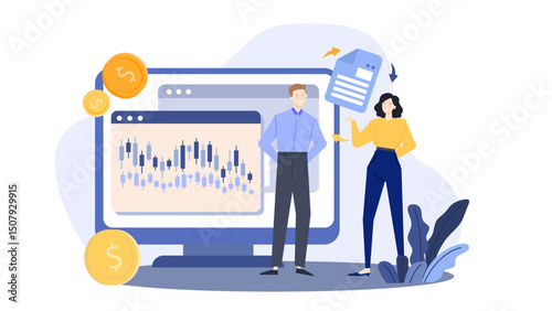 Man and woman at computer with stock chart. Perfect for finance blogs, investment websites, business presentations, or stock market articles.