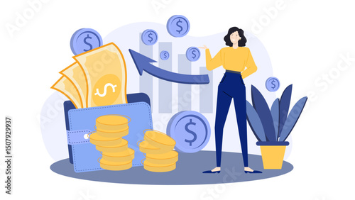 Woman displaying cash bills spilling from her wallet, ideal for finance, budgeting, spending, shopping, retail, payday, wealth concepts visuals.