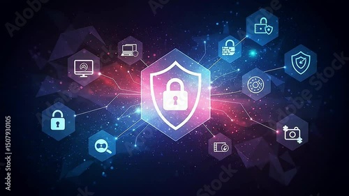 Cybersecurity shield padlock icon network security system data protection concept technology