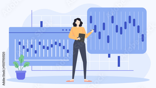 Woman pointing to a blue graph showing growth or progress. Suitable for business presentations, financial reports, or marketing materials.