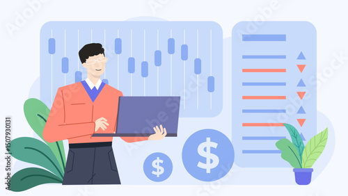 Man analyzing stock data on laptop, suitable for finance articles, investment websites, business presentations, technology blogs, educational materials.