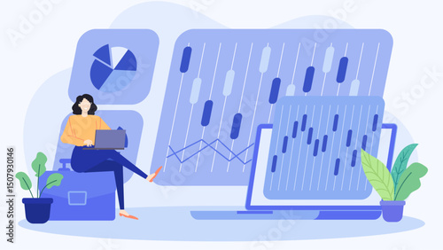 Woman working on laptop with background graphs. Suitable for business, technology, finance, and working remotely creative projects.