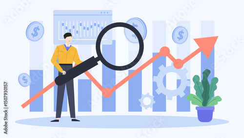 Man holds a magnifying glass over a bar graph, ideal for finance reports, market analysis, data research, investigate trends.