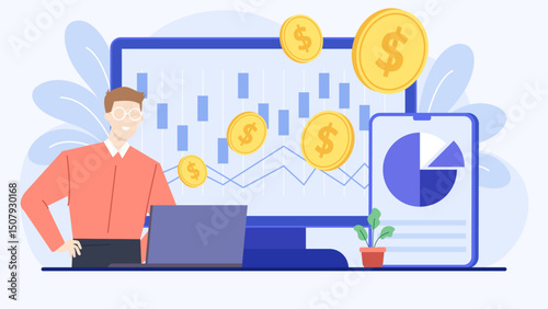 Man working at a computer with dollar signs and a pie chart. Suitable for financial planning, budgeting, data analysis, and business presentations.