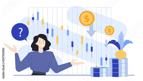 Woman looking puzzled at chart showing downward trend. Ideal for business presentations, financial blogs, and educational materials on market analysis.