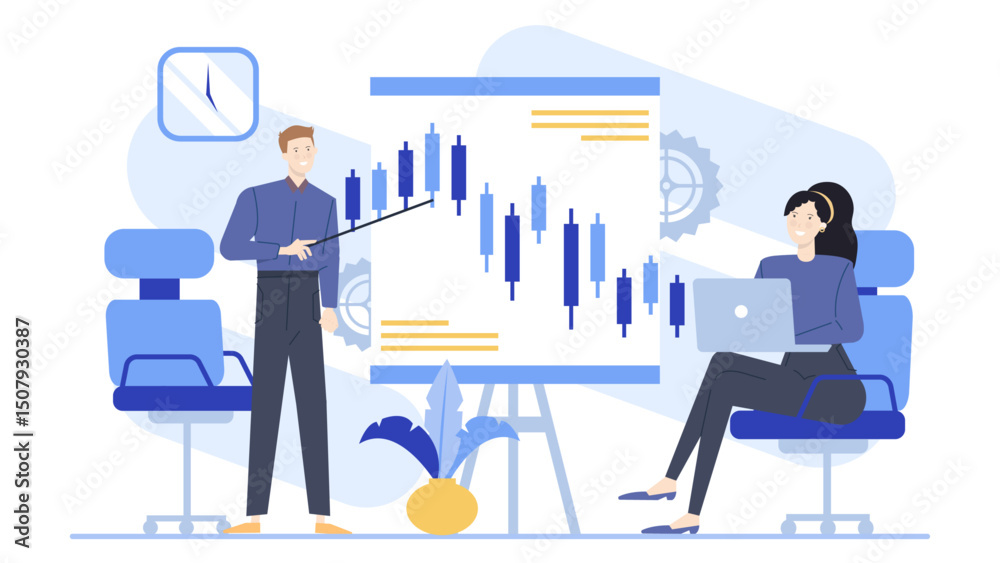 Man pointing at stock chart, woman on laptop. Suitable for financial, investment, business concepts. Collaboration, teamwork, analysis, market trends illustrated. Man pointing at stock chart, woman on laptop. Suitable for financial, investment, business concepts. Collaboration, teamwork, analysis, market trends illustrated.