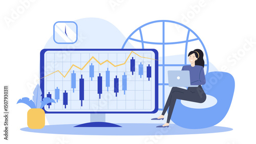 Woman on a couch analyzing a financial chart. Perfect for business, financial planning, budgeting, investment, and market analysis concepts.