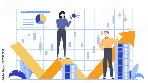 Woman empowers others with megaphone atop rising chart. Suitable for motivational, success, business growth concepts in presentations, marketing materials.