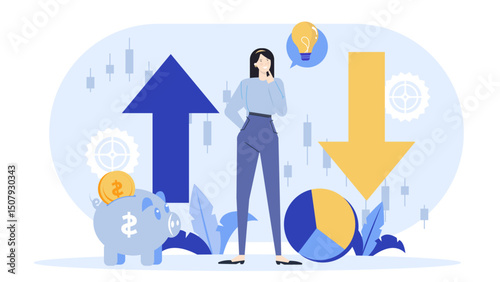 Woman analyzing charts, pondering investment decisions, financial planning, stock market research, market trends, financial strategy concept
