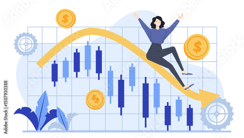 Woman on yellow arrow in descending chart w/ coins ideal for finance, investments, market trends, financial planning, success concepts.