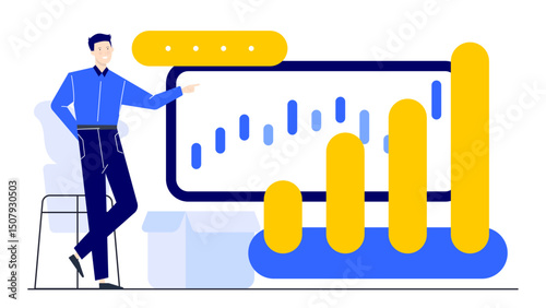 Man in a blue shirt confidently presents a graph, ideal for business presentations, financial reports, marketing concepts, or data analysis visuals.