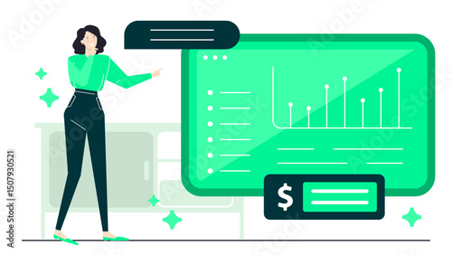Woman pointing to financial growth chart, suitable for business presentations, investment reports, financial articles, and marketing materials.
