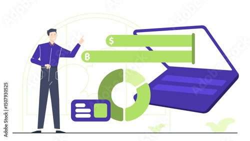 Man pointing at a laptop featuring a bitcoin and dollar symbol, suitable for illustrating cryptocurrency investment strategies and financial technology concepts.
