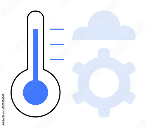 Thermometer measuring temperature next to cloud and gear symbolizing weather monitoring, climate control, efficiency, automation, technology, software integration, and innovation. Flat simple