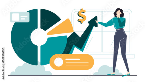 Woman pointing at a pie chart and an upward arrow with a dollar sign, depicting financial growth strategy and success analysis. Business presentations, financial reports, marketing materials.