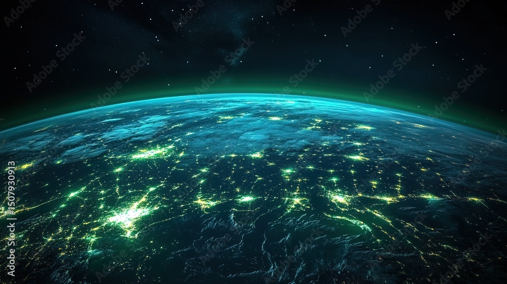 Obraz premium A futuristic Earth with glowing green energy fields, free from pollution