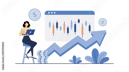 Woman on stool with laptop and stock chart, perfect for finance blogs, business presentations, stock market websites, and educational materials.