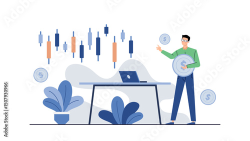 Man holding a large coin next to a desk. Suitable for finance, investment, wealth management, banking concepts in digital and print media.